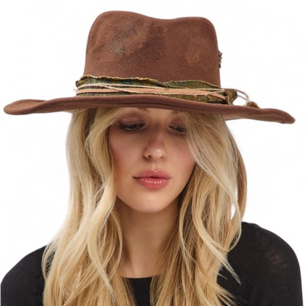 Brown Vintage Inspired Distressed Fabric Band Rustic Western Fedora Hat